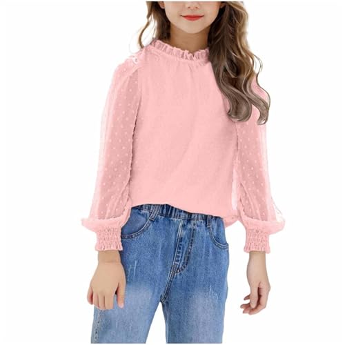 Chiffon Langarmshirt Mädchen Elegant Bluse Sommer Langarm Tshirt Rüschen Ausschnitt Oberteile Kinder Tops Teenager Mädchen T-Shirt Leichte Pullover Locker T Shirt Longsleeve 7-8 Jahre, Rosa, 130 von NZYIHAO