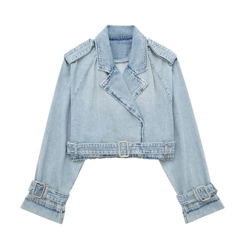 Crop Jeansjacke Damen Sexy Einfarbig Jacke Denim Übergangsjacke Kurze Herbstjacke Langarm Jeansmantel mit Gürtel Reverskragen Mantel Schlanke Kurzmantel Knöpfen Damenjacke Oberteile Streetwear von NZYIHAO