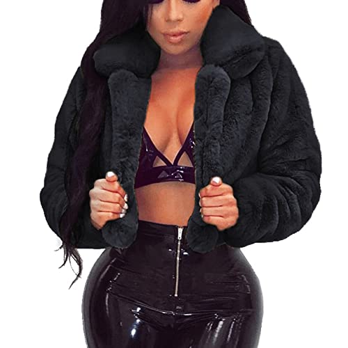 Crop Kunstfell Jacke Damen Sexy Einfarbig Kunstpelz Winterjacke Langarm Reverskragen Mantel Kurze Kunstfell Jacke Dickes Warm Wintermantel Flauschiges Pelzmantel Pelzjacke Felljacke Fellmantel von NZYIHAO