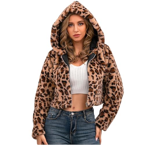 Crop Kunstfell Jacke Damen Sexy Leoparden Winterjacke Kunstpelz Übergangsjacke Kurze Pelzmantel mit Kapuze Große Größen Felljacke Langarm Kurzmantel Zip Up Fellmantel Kapuzenjacke Pelzjacke Mantel von NZYIHAO