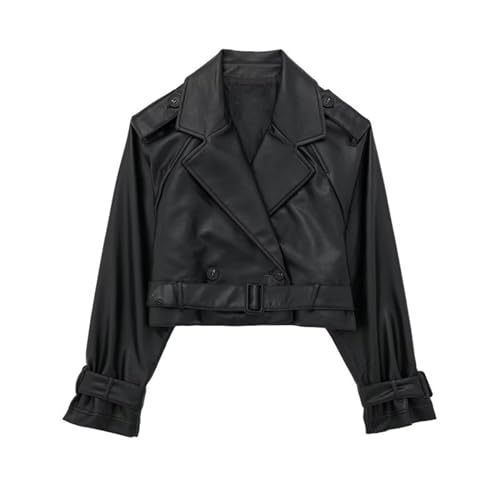 Crop Lederjacke Damen Modische Einfarbig Jacke Leder Bikerjacke mit Gürtel Kurze Übergangsjacke Knöpfen Kunstlederjacke Langarm Herbstjacke Reverskragen Kurzmantel Herbst Winter Mantel Streetwear von NZYIHAO