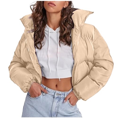 Crop Steppjacke Damen Mode Einfarbig Daunenjacke Petite Winterjacke Kurze Winter Übergangsjacke Langarm Stehkragen Jacke Zip Up Steppmantel Warme Daunenmantel Leichte Wintermantel Taschen Mantel von NZYIHAO