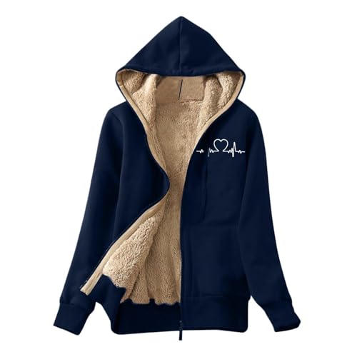 Damen Fleecejacke EKG Liebe Herz Drucken Winterjacke Paar Teddyjacke mit Kapuze Gefütterter Fleece Sweatjacke Warme Jacke Große Größen Übergangsjacke Langarm Wintermantel Mantel Winter Kapuzenjacke von NZYIHAO