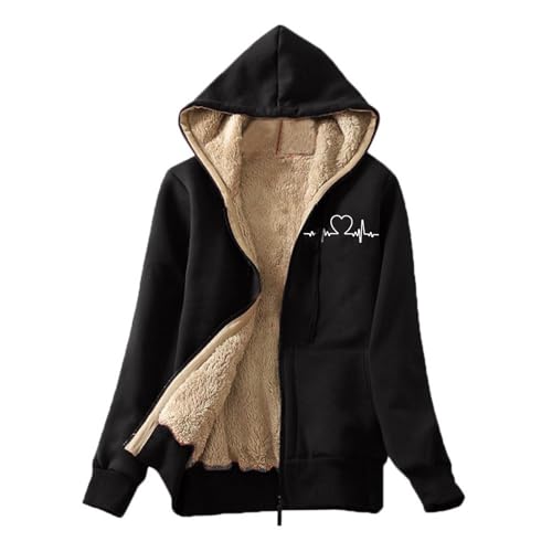 Damen Fleecejacke EKG Liebe Herz Drucken Winterjacke Paar Teddyjacke mit Kapuze Gefütterter Fleece Sweatjacke Warme Jacke Große Größen Übergangsjacke Langarm Wintermantel Mantel Winter Kapuzenjacke von NZYIHAO