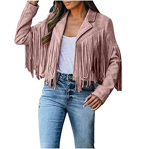 Damen Kunstleder Jacke mit Fransen Einfarbig Faux Wildleder Fransenjacke Kurze Langarm Motorrad Jacke Reverskragen Übergangsjacke Slim Fit Bomberjacke Leichte Wildleder Jacket Crop Wildlederjacke von NZYIHAO