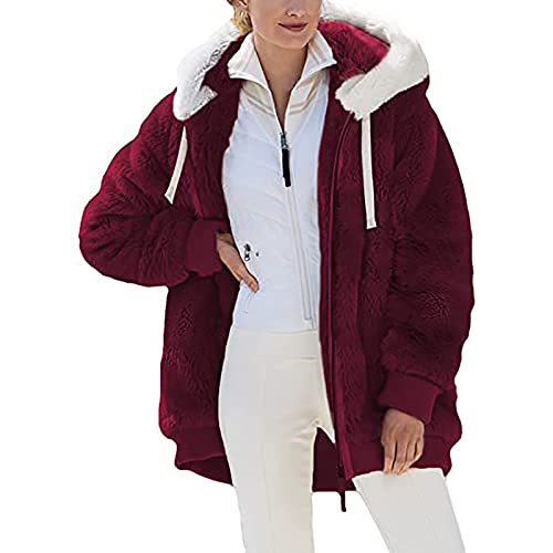 Damen Plüschjacke mit Kupaze Lange Einfarbig Winterjacke Dicke Warme Teddyfleece Jacke Mode Große Größen Übergangsjacke Gefütterter Plüsch Wintermantel Reißverschluss Plüschmantel Herbst Winter Mantel von NZYIHAO