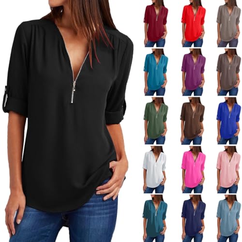 Damen V-Ausschnitt Bluse mit Reißverschluss Elegant Einfarbig Langarmshirt Chiffon Longbluse Große Größen Shirts Tunika Tops Slim Fit T-Shirt Leichte Hemdbluse Chiffon Bluse Damen Elegant Blusen von NZYIHAO