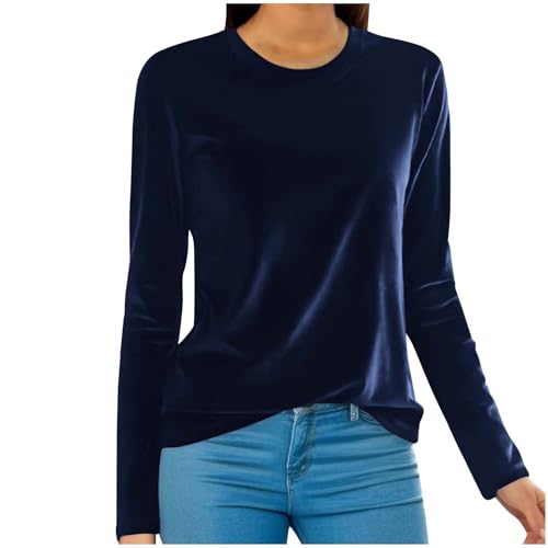Damen Weihnachten Velvet Oberteil Langarm Eckigem Ausschnitt Samt T-Shirt Bluse Langarmshirt Damen Elegant Einfarbig Pullover Goldener Samt Bluse Rundhalsausschnitt Oberteile Langarm Tshirt Outwear von NZYIHAO