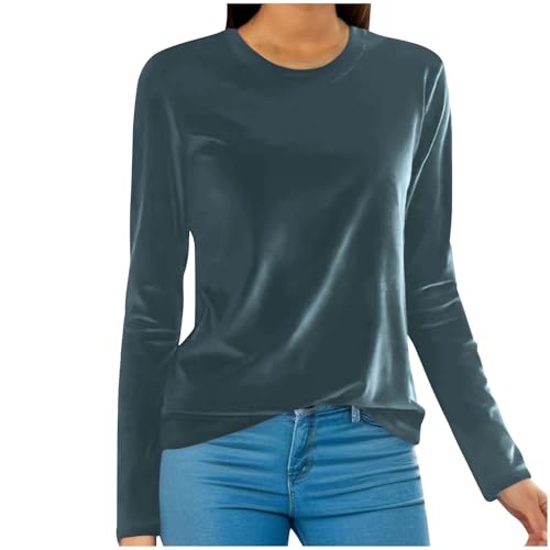 Damen Weihnachten Velvet Oberteil Langarm Eckigem Ausschnitt Samt T-Shirt Bluse Langarmshirt Damen Elegant Einfarbig Pullover Goldener Samt Bluse Rundhalsausschnitt Oberteile Langarm Tshirt Outwear von NZYIHAO