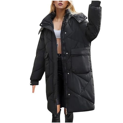 Daunenjacke Damen Lange Winterjacke Modische Einfarbig Steppjacke Langarm Jacke mit Kapuze Warme Wintermantel Große Größen Daunenmantel Winter Steppmantel Reißverschluss Kapuzenjacke Locker Mantel von NZYIHAO