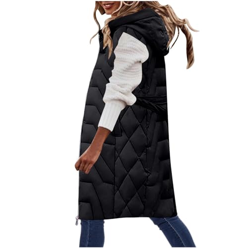 Daunenweste Damen Lange Ärmellos Weste Modische Einfarbig Winterjacke Jacke mit Kapuze Herbst Winter Übergangsjacke Gürtel Steppweste Zip Up Daunenjacke Warme Wintermantel Locker Daunenmantel Mantel von NZYIHAO