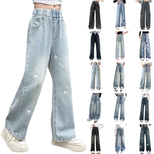 Die Discounter Baggy Jeans Mädchen Weites Bein Schlaghose Lang Jeanshosen Hohe Taille Cargohose Sommer Hose Kinder Freizeithose Y2k Vintage Hosen Loose Fit Pants für 5-15 Jahre Klamotten Sommerhose von NZYIHAO
