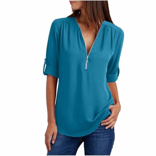 Die Discounter Chiffon Bluse Damen Elegant Langarmshirt V-Ausschnitt Tunika Half Zip Longbluse Große Größen Tshirt Langarm Tops Leichte Oberteile Locker T Shirt Einfarbig T-Shirts für Frauen Blusen von NZYIHAO