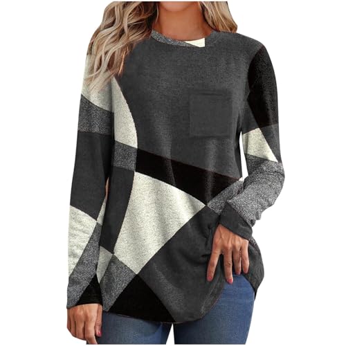 Die Discounter Flanell Pullover Damen Elegant Langarmshirt Geometrischem Druck Longshirt Rundhals Oberteile Leichte Sweatshirt Langarm Tunika Große Größen Tops Locker Bluse Shirt Bequem Outwear von NZYIHAO