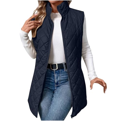 Die Discounter Lang Steppweste Damen Casual Winterweste Ärmellos Weste Winter Longweste mit Reißverschluss Einfarbig Winterjacke Stehkragen Steppjacke Locker Jacke Warme Übergangsjacke Bequem Outwear von NZYIHAO