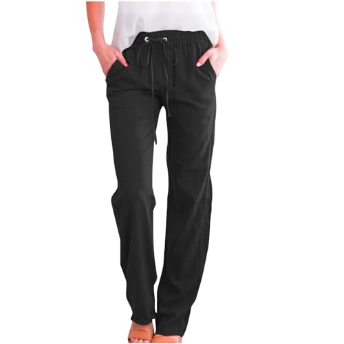 Die Discounter Leinenhose Damen Lang Jogginghose Casual Sommerhose Musselin Hose Weites Bein Stoffhose Sommer Yogahose Große Größen Leinen Hosen Leicht Freizeithose Hohe Taille Strandhose Trousers von NZYIHAO