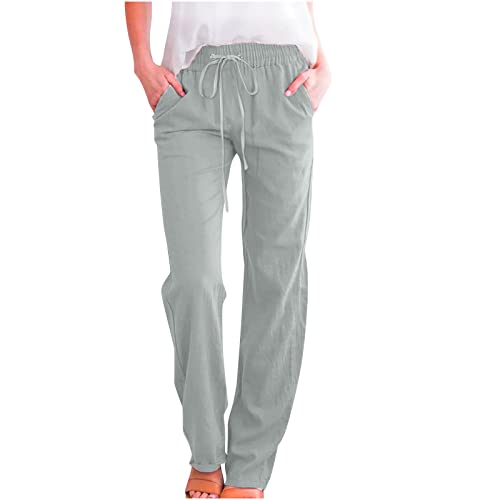 Die Discounter Leinenhose Damen Lang Jogginghose Casual Sommerhose Musselin Hose Weites Bein Stoffhose Sommer Yogahose Große Größen Leinen Hosen Leicht Freizeithose Hohe Taille Strandhose Trousers von NZYIHAO