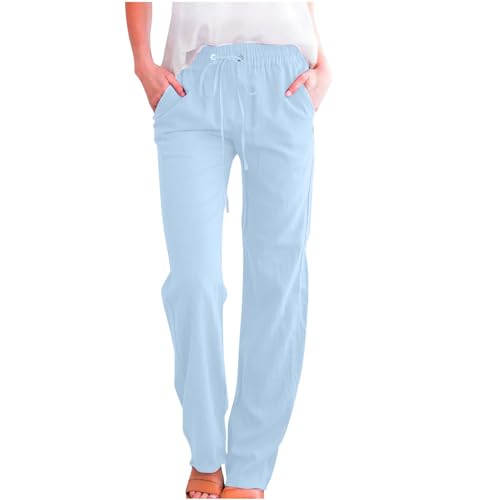 Die Discounter Leinenhose Damen Lang Jogginghose Casual Sommerhose Musselin Hose Weites Bein Stoffhose Sommer Yogahose Große Größen Leinen Hosen Leicht Freizeithose Hohe Taille Strandhose Trousers von NZYIHAO
