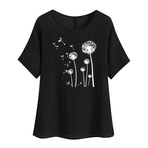 Die Discounter Musselin Bluse Damen Casual Leinenbluse Pusteblume Drucken Tshirt Sommer Tops Baumwolle Leinen Oberteile Leichte T-Shirts Kurzarm T-Shirt Basic Shirt mit Rundhals Locker Blusen von NZYIHAO