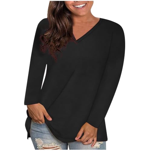 Die Discounter Sale Angebote Langarmshirt Damen Rundhals / V-Ausschnitt Pullover Casual Einfarbig Bluse Langarm Tshirt Leichte Oberteile Locker Tops Große Größen Longsleeve Kuschelig Oberbekleidung von NZYIHAO