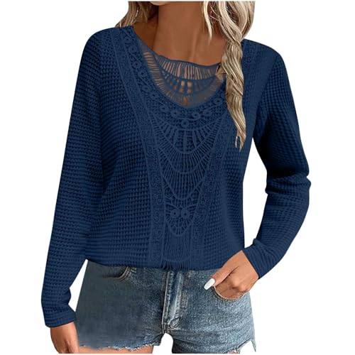 Die Discounter Strickpullover Damen Spitze Langarmshirt Elegant Pullover Einfarbig Bluse Tops Langarm Shirt Rundhals Spitzenbluse Patchwork Oberteile Leichte Sweatshirt Locker Pulli Frauen Outwear von NZYIHAO