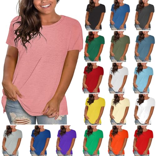 Die Discounter Tshirt Damen Casual T Shirt Sommer Bluse Kurzarm T-Shirts Leichte Tops Große Größen T-Shirt Rundhalsausschnitt Oberteile Loose Fit Shirt Basic Longshirt Einfarbig Tunika Blusen von NZYIHAO