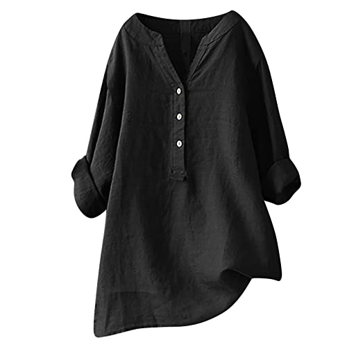 Discounter Musselin Bluse Damen Elegant Einfarbig Tshirt V-Ausschnitt Leinenbluse mit Knöpfen Sommer Hemdbluse Baumwolle Leinen Shirts Oversize Oberteile Große Größen Leinenhemd Longshirt Blusen von NZYIHAO