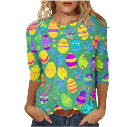 Dreiviertel Bluse Damen Ostern T-Shirt Sommer Tops Lässige Osterhase Osterei Druck Shirt Tunika Rundhals Pullover Tshirt Regular Fit Langarmshirt Casual Oberteile Teenager Mädchen Karneval Kleidung von NZYIHAO