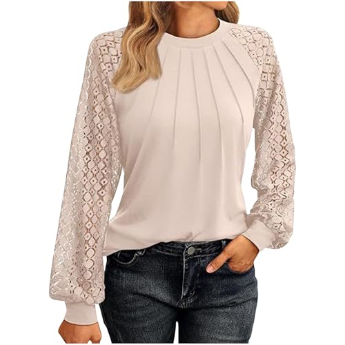Festliche Oberteile Damen Spitzen Langarmshirt Damen Elegant Bluse Spitze Nähen Oberteile Einfarbig Tshirt Langarm Spitzenbluse Rundhals Tops Leichte Shirt Locker Tunika Laternenärmel Blusen von NZYIHAO