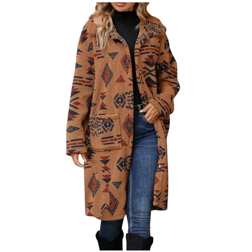 Fleecejacke Damen Ethno-Stil Strickjacke Lange Winterjacke Langarm Revers Teddyjacke Locker Teddyfleece Jacke Warm Trenchcoat Einreihige Cardigan Fleece Wintermantel Mantel mit Taschen Longstrickjacke von NZYIHAO