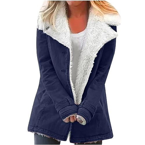 Fleecejacke Damen Gefütterter Fleece Winterjacke Große Größen Einfarbig Jacke Langarm Plüschjacke mit Knöpfen Dicke Warme Wintermantel Herbst Winter Übergangsjacke Reverskragen Plüschmantel Mantel von NZYIHAO