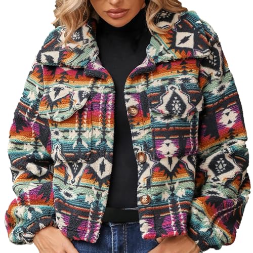 Fleecejacke Damen Modische Ethno Stil Winterjacke Langarm Revers Jacke Kurze Übergangsjacke Einreihige Strickjacke Leichte Wintermantel Fleece Hemdjacke Herbst Winter Mantel Taschen Kurzmantel von NZYIHAO