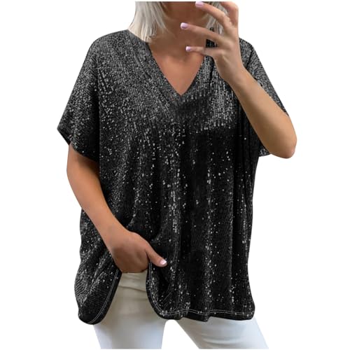 Glitzer Tshirt Damen Sexy V-Ausschnitt Bluse Pailletten Oberteile Einfarbig Kurzarm T-Shirt Leicht Pullover Sommer Tunika Festliche Tops Party Shirt Lose Longshirt Große Größen Pulli Bequem Streetwear von NZYIHAO