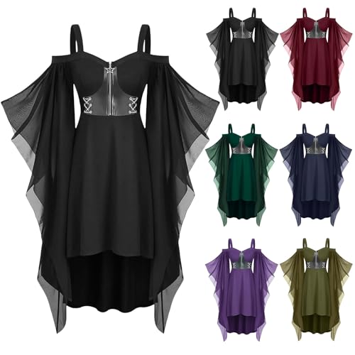 Gothic Kleidung Damen Fledermausärmel Schulterfrei Kleider Mittelalter Kleid Halloween Vampir Kostüm mit Zipper Renaissance Karneval Kostüme Steampunk Partykleid Retro Piratenkostüm Hexenkostüm von NZYIHAO