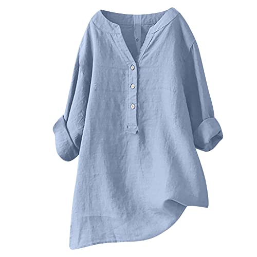 Gutschein zum ausdrucken Musselin Bluse Damen Elegant Einfarbig Tshirt V-Ausschnitt Leinenbluse mit Knöpfen Sommer Hemdbluse Baumwolle Leinen Shirts Oversize Oberteile Große Größen Blusen von NZYIHAO