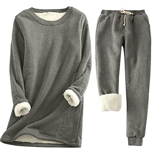Hausanzug Damen Teddyfleece Sweatshirt Gefüttert Hose Einfarbig Loungewear Set Dicke Warm Trainingsanzug Langarm Jogginganzug Rundhals Sportanzug Winter Pullover Langarmshirt Oberteile Shirt Bluse 3XL von NZYIHAO