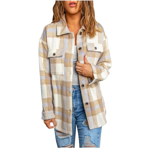 Hemdjacke Damen Wollmantel Karierte Jacke Warme Winterjacke Lange Flanellhemd Locker Karohemd Einreihige Strickjacke Winter Holzfällerjacke Langarm Revers Wintermantel Mantel mit Taschen Wolljacke von NZYIHAO