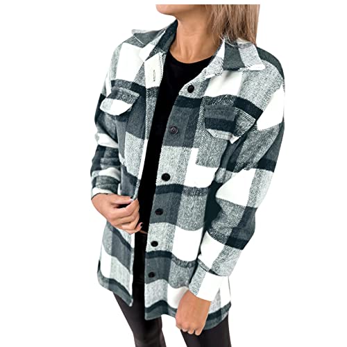 Hemdjacke Damen Wollmantel Karierte Jacke Warme Winterjacke Lange Flanellhemd Locker Karohemd Einreihige Strickjacke Winter Holzfällerjacke Langarm Revers Wintermantel Mantel mit Taschen Wolljacke von NZYIHAO