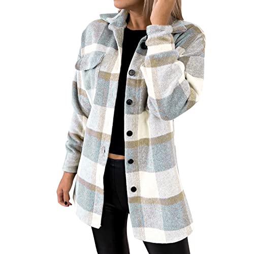 Hemdjacke Damen Wollmantel Karierte Jacke Warme Winterjacke Lange Flanellhemd Locker Karohemd Einreihige Strickjacke Winter Holzfällerjacke Langarm Revers Wintermantel Mantel mit Taschen Wolljacke von NZYIHAO