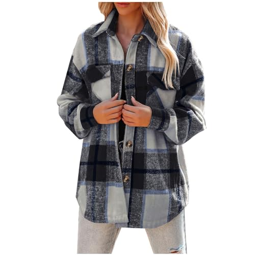 Hemdjacke Damen Wollmantel Karierte Jacke Warme Winterjacke Lange Flanellhemd Locker Karohemd Einreihige Strickjacke Winter Holzfällerjacke Langarm Revers Wintermantel Mantel mit Taschen Wolljacke von NZYIHAO