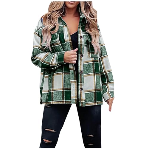 Hemdjacke Damen Wollmantel Karierte Jacke Warme Winterjacke Lange Flanellhemd Locker Karohemd Einreihige Strickjacke Winter Holzfällerjacke Langarm Revers Wintermantel Mantel mit Taschen Wolljacke von NZYIHAO