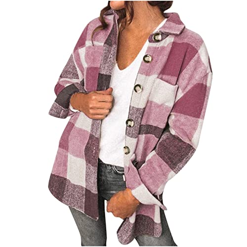 Hemdjacke Damen Wollmantel Karierte Jacke Warme Winterjacke Lange Flanellhemd Locker Karohemd Einreihige Strickjacke Winter Holzfällerjacke Langarm Revers Wintermantel Mantel mit Taschen Wolljacke von NZYIHAO
