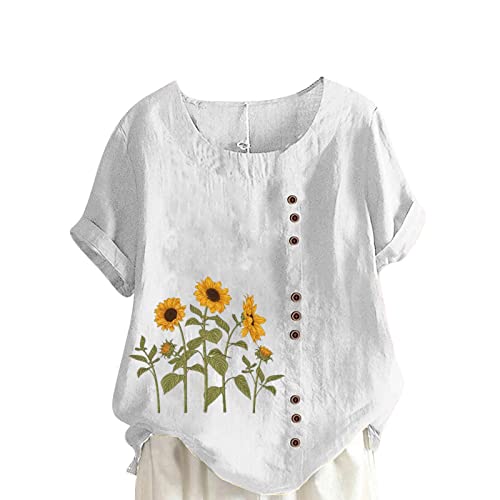 Hippie Bluse Damen Leinenbluse Damen Vintage Shirt mit Knöpfen Kurzarm Tshirt Einfarbig/Blumendruck Bluse Sommer Leinenhemd Baumwolle Leinen Oberteile Rundhals Pullover Große Größen T-Shirt Blusen von NZYIHAO