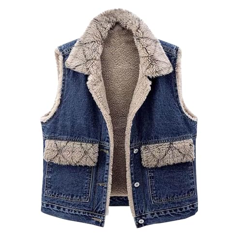 Jeansweste Damen Fleece Ärmellos Weste Gefütterter Winterjacke Warme Fleecejacke Denim Jacke Winter Fleeceweste Reverskragen Jeansjacke Große Größen Übergangsjacke Wintermantel Jeansmantel Mantel von NZYIHAO