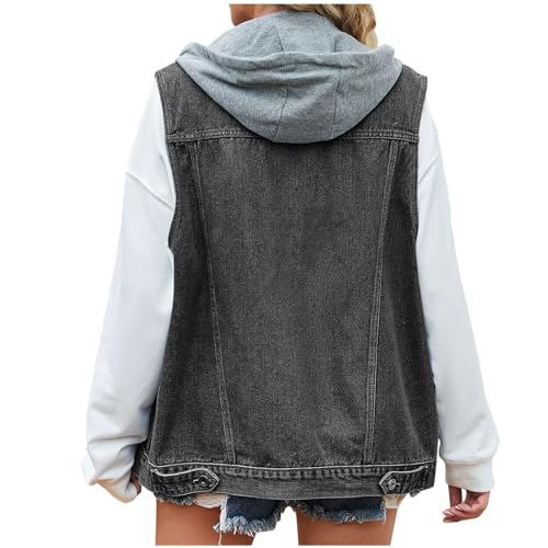 Jeansweste Damen Vintage Ärmellos Denim Weste mit Kapuze Reverskragen Jeansjacke Einfarbig Jeans Jacke Einreihige Jeansmantel Leichte Übergangsjacke Locker Kapuzenjacke Taschen Streetwear Mantel von NZYIHAO