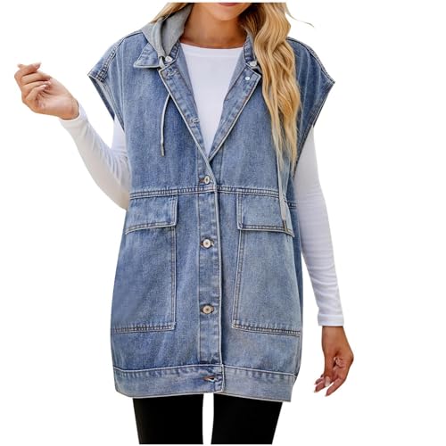 Jeansweste Damen Vintage Einfarbig Jeansjacke Ärmellos Weste mit Kapuze Denim Jacke Einreihige Übergangsjacke Jeans Longweste Lange Jeansmantel Locker Herbstjacke Taschen Mantel Kapuzenjacke Outwear von NZYIHAO