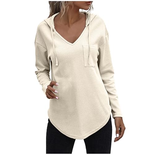 Kapuzenpullover Damen Black Friday For Future Pullover Damen Winter Hoodie Waffle Sweatshirt mit Kapuze V-Ausschnitt Kapuzenpullover Casual Einfarbig Oberteile Langarm Pulli Leichte Tops Tunika von NZYIHAO