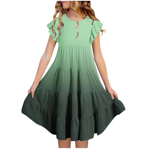 Kleider für Mädchen Einfarbig/Farbverlauf Sommerkleid Rüschenärmel Kleid Sommer Mädchenkleider A-Linie Freizeitkleid Kurzarm Kinderkleider Knielange Strandkleid, Armeegrün, 150, 12-13 Jahre von NZYIHAO