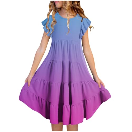 Kleider für Mädchen Einfarbig/Farbverlauf Sommerkleid Rüschenärmel Kleid Sommer Mädchenkleider A-Linie Freizeitkleid Kurzarm Kinderkleider Knielange Strandkleid, Dunkelblau, 160, 14-15 Jahre von NZYIHAO