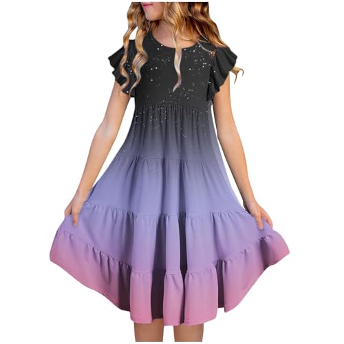 Kleider für Mädchen Einfarbig/Farbverlauf Sommerkleid Rüschenärmel Kleid Sommer Mädchenkleider A-Linie Freizeitkleid Kurzarm Kinderkleider Knielange Strandkleid, Violett, 160, 14-15 Jahre von NZYIHAO